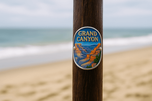 hiking stick medallion in beach setting
