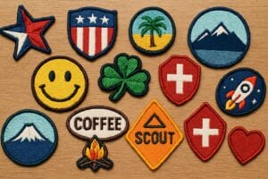 Group of colorful patches on a wood background