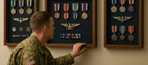 military officer admiring a display of custom coins