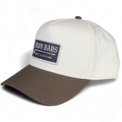 white and brown golf hat with patch